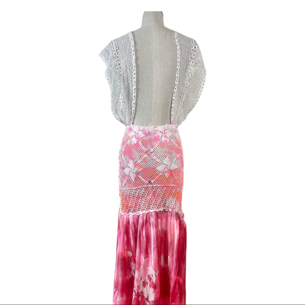 VTG Crochet Mesh Tie Dye Maxi Dress/Beach Cover Up in Pink and White - Picture 2 of 16